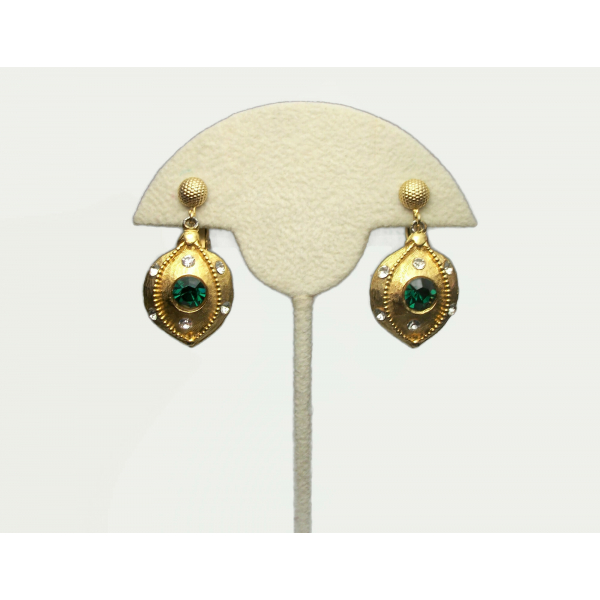Vintage Brushed Gold Emerald Green Crystal Dangle Clip on Earrings