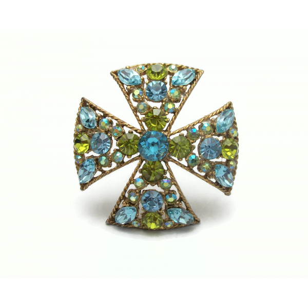 Vintage Unsigned Florenza Crystal Maltese Cross Brooch Blue Green Rhinestones