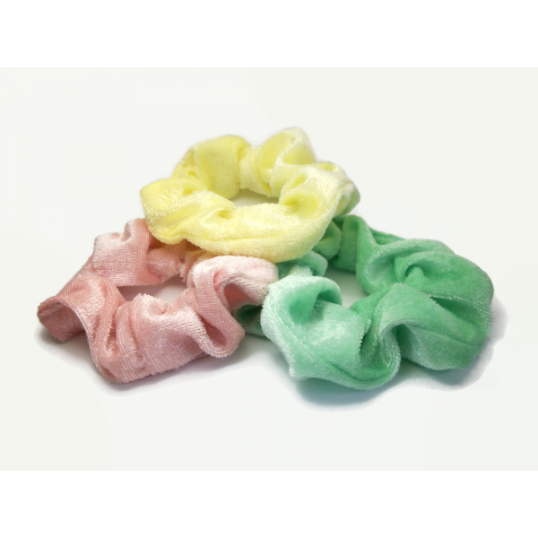 Velvet Hair Scrunchy Set of Three Scrunchies Summer Pastels Pink Green Yellow