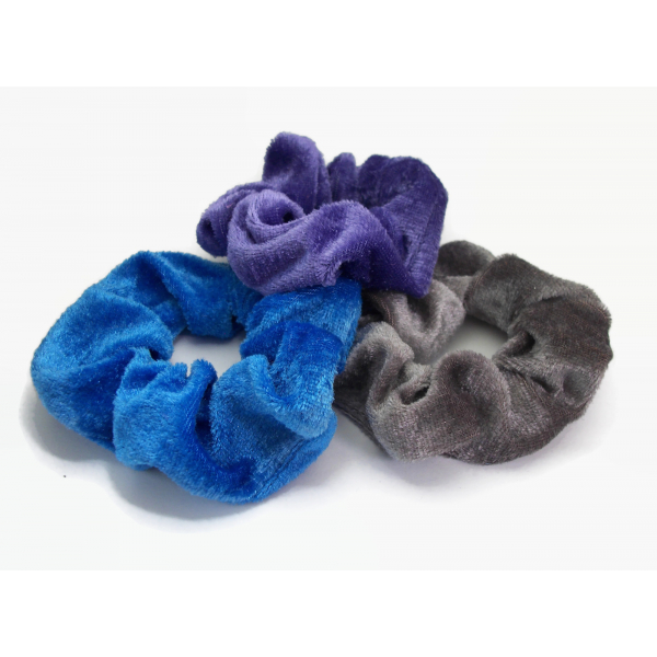 Velvet Hair Scrunchy Set of Three Scrunchies Blue Purple Warm Gray
