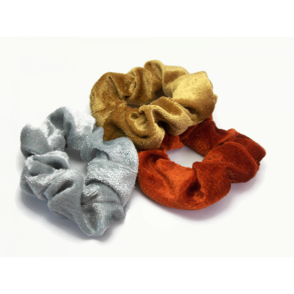 Velvet Hair Scrunchie Set of Three Scrunchies Silver Gold Copper Metallic Colors