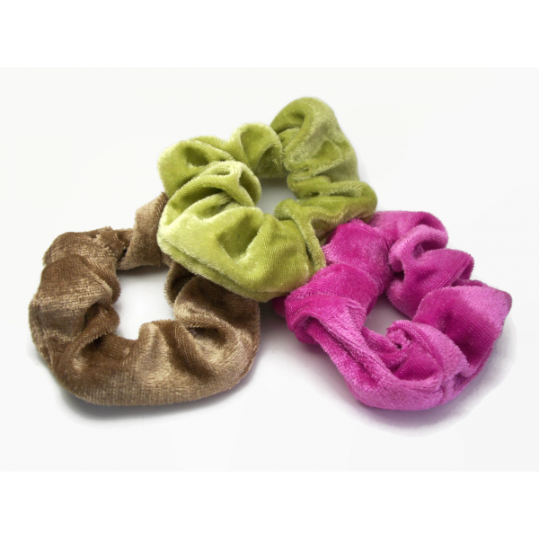 Clone of Velvet Hair Scrunchie Set of Three Fuchsia Pink Moss Green Toffee Brown