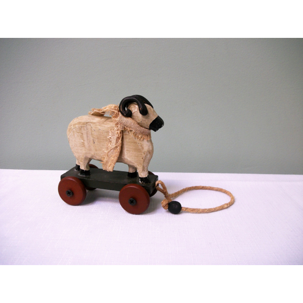 Rustic Wood Sheep Ram Pull Toy Decorative Figurine Home Decor