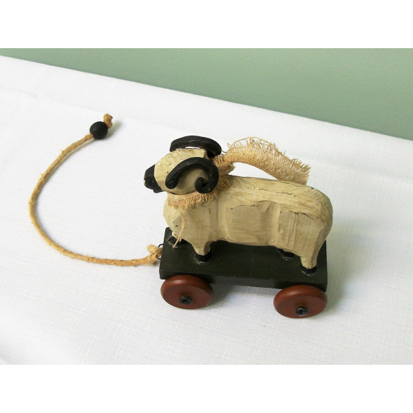 Rustic Wood Sheep Ram Pull Toy Decorative Figurine Home Decor