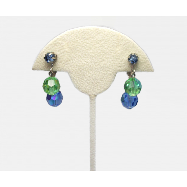 Vintage Blue and Green Crystal Dangle Clip on Earrings Formal Drop Earrings