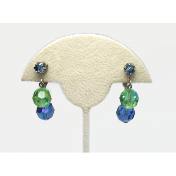 Vintage Blue and Green Crystal Bead Dangle Clip on Earrings Drop Earrings