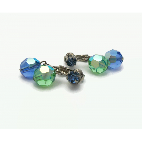 Vintage Blue and Green Crystal Dangle Clip on Earrings Beaded Drop Earrings