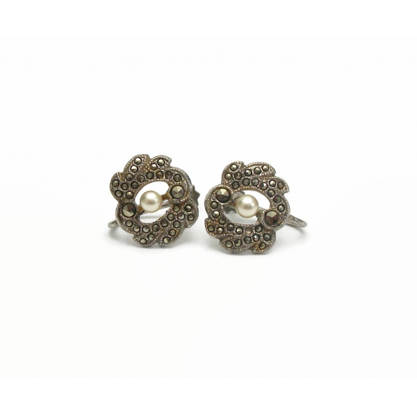Dainty Marcasite Screw Back Clip on Earrings with Tiny Pearl Accent