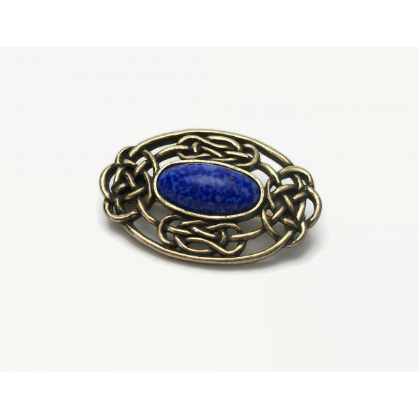 Vintage Signed Miracle Brooch Celtic Knot Pin Antiqued Gold Tone with Blue Stone
