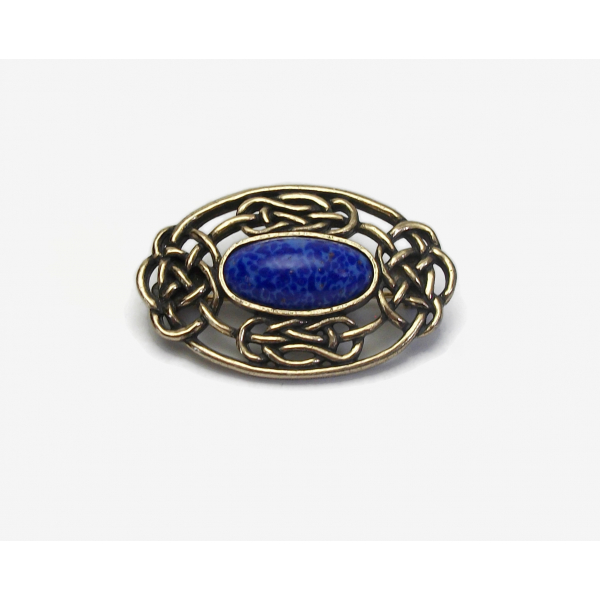 Vintage Signed Miracle Brooch Celtic Knot Pin Antiqued Gold Tone with Blue Stone