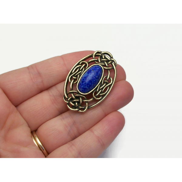 Vintage Signed Miracle Brooch Celtic Knot Pin Antiqued Gold Tone with Blue Stone