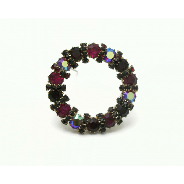 Mid Century Garnet Red and Purple Brooch Circle Pin AB rhinestone accents