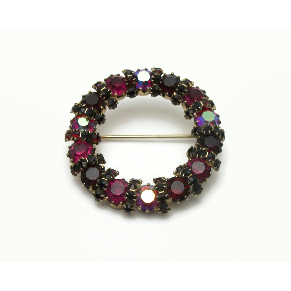Vintage Circle Pin Brooch Garnet Red Purple AB Crystals Rhinestones
