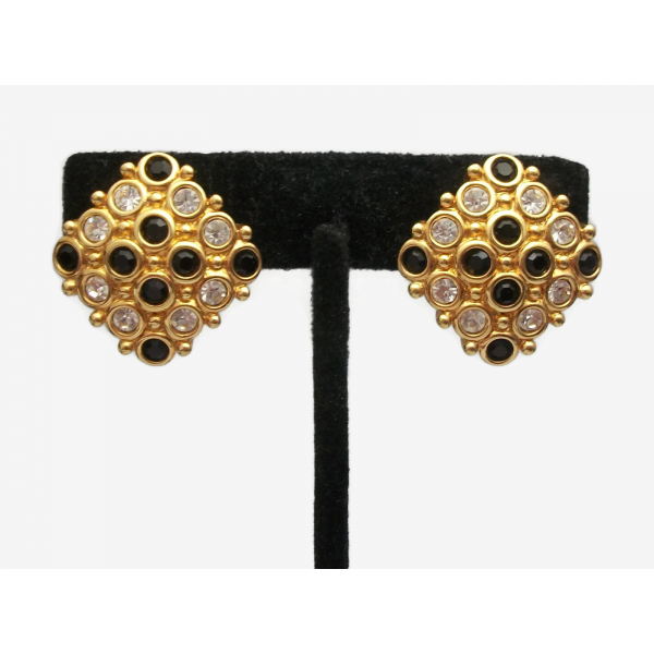 Signed Swarovski Gold Black and Clear Crystal Clip on Earrings Square Formal