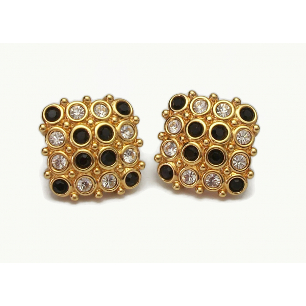 Signed Swarovski Swan Black and Clear Crystal Clip on Earrings Square Gold