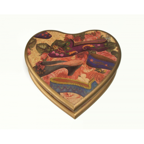 Heart Shaped Wood Box Floral Victorian Slipper Shoe Motif Trinket Jewelry Box
