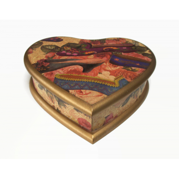 Heart Shaped Wood Box with Floral Victorian Slipper Shoe Motif Trinket Box