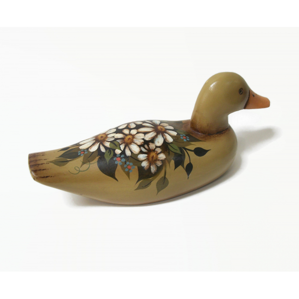 Vintage Hand Painted Wood Duck Decoy Folk Art Tole Style Signed by Artist