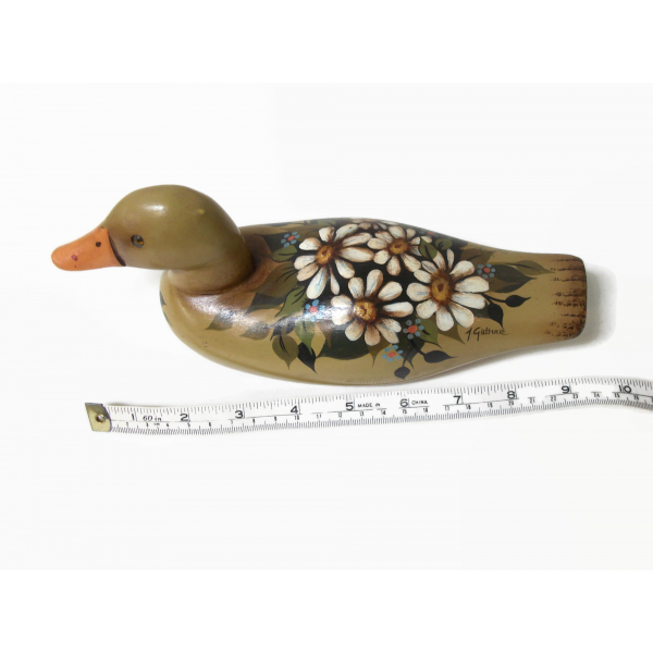 Vintage Wood Duck Decoy Folk Art Tole Style Painting Wooden Duck Floral Daisies