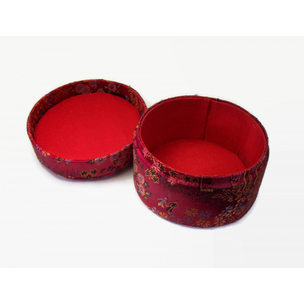 Vintage Red Jacquard Fabric Trinket Box Round Asian Themed