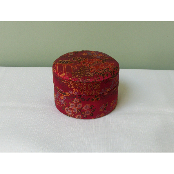 Vintage Red Jacquard Fabric Trinket Box Round Asian Theme Motif