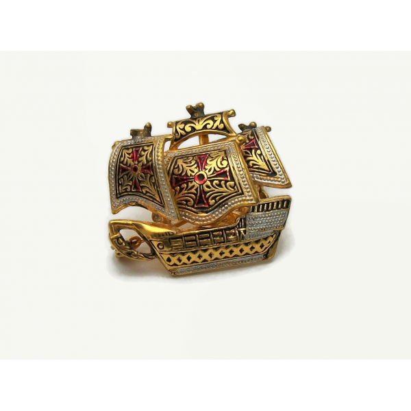 Vintage Spanish Damascene Ship Brooch Made in Spain Gold Tone and Silver Tone
