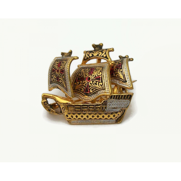 Vintage Spanish Damascene Ship Brooch Made in Spain Gold and Silver Tone Metal