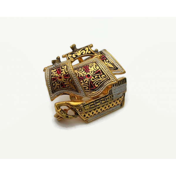 Vintage Spanish Damascene Ship Brooch Made in Spain Gold Tone and Silver Tone
