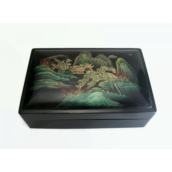 Vintage Black Lacquer Box with Asian Scene on Lid Trinket Jewelry Box