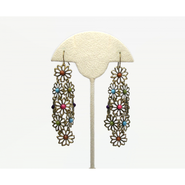 Vintage Long Colorful Floral Brass Filigree Dangle Earrings 3 inch