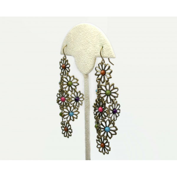 Long Colorful Floral Brass Filigree Dangle Earrings 3 inches