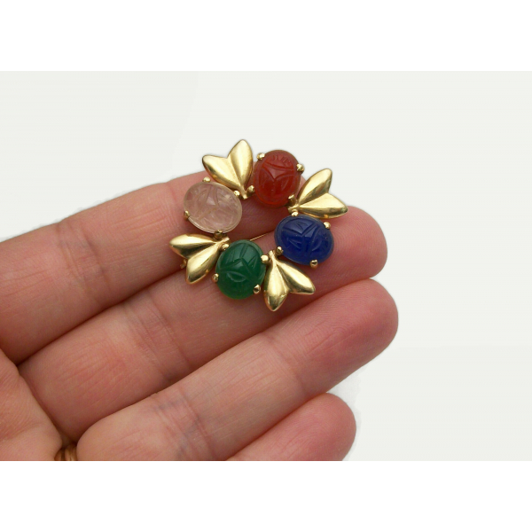 Vintage 14K Gold Scarab Beetle Brooch Pin Natural Gemstones Egyptian Jewelry