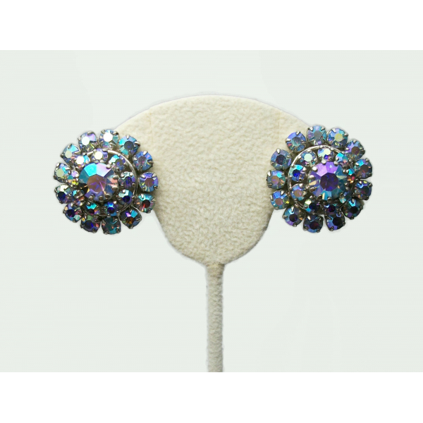 Austria Crystal Blue Aurora Borealis Clip on Earrings 1950s 50s Mid Century