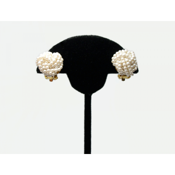 Vintage Faux Seed Pearl Bead Cluster Clip on Earrings Wedding Bridal Jewel