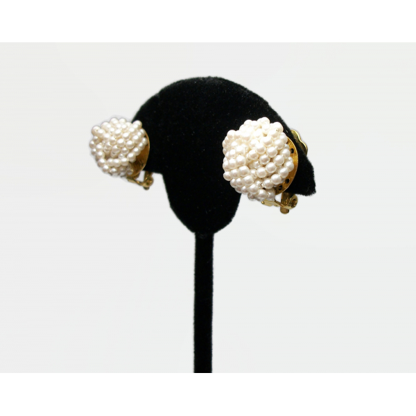Vintage Faux Seed Pearl Bead Cluster Clip on Earrings Wedding Bride Jewelry