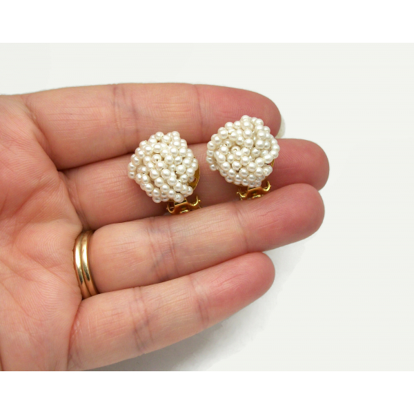 Vintage Faux Seed Pearl Bead Cluster Clip on Earrings Wedding Bride Bridal