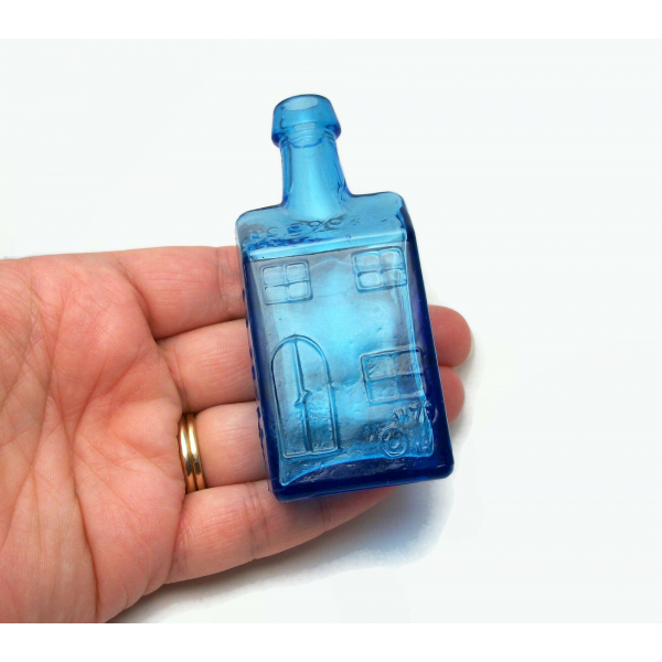 Vintage Wheaton NJ Blue Miniature 3 inch Bottle 1970s Miniature House Shaped