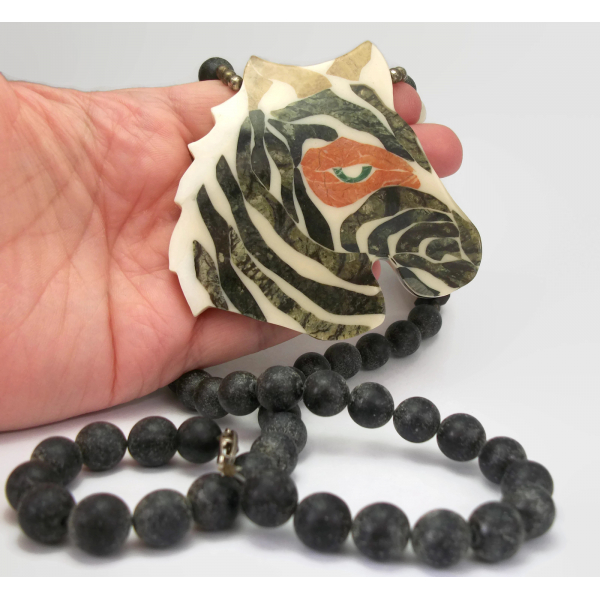 Vintage Large Zebra Head Necklace Mother of Pearl Bead Stone Inlay Big Necklace