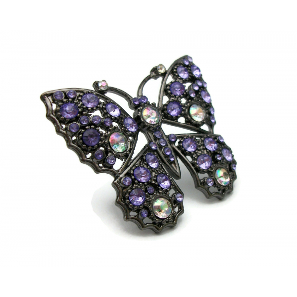 Purple Rhinestone Butterfly Brooch Pin Gunmetal with AB Aurora Borealis Accents