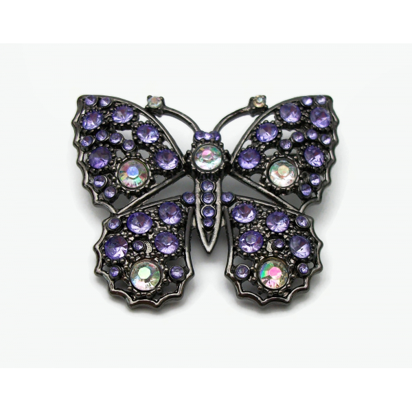 Purple Rhinestone Butterfly Brooch Pin Gunmetal with AB Aurora Borealis Accents