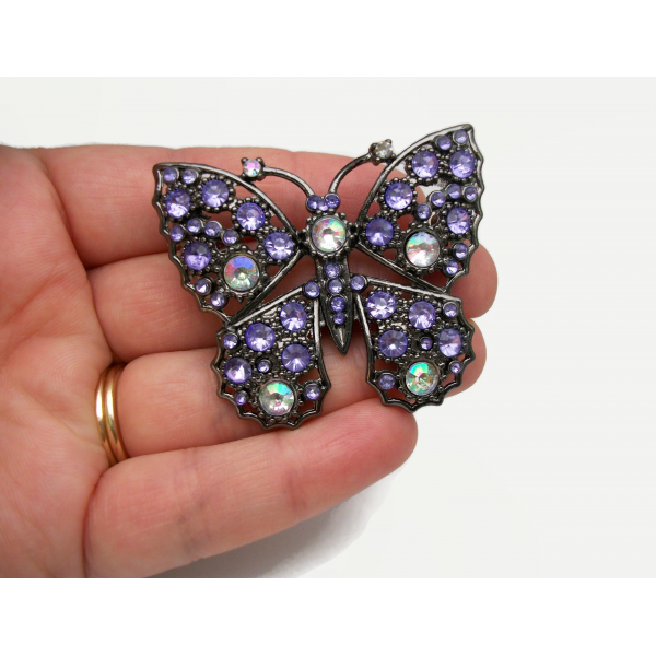 Purple Rhinestone Butterfly Brooch Pin Gunmetal with AB Aurora Borealis Accents
