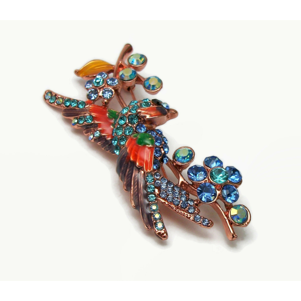 Vintage Crystal Rhinestone Colorful Bird Brooch Lapel Pin Rose Gold Tropical