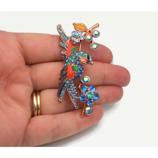 Vintage Crystal Rhinestone Colorful Bird Brooch Lapel Pin Rose Gold