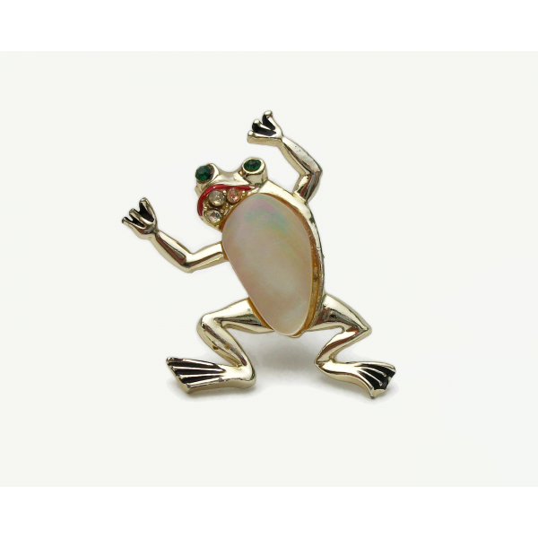 Vintage Mother of Pearl Frog Brooch Lapel Pin Gold with Rhinestone Accents