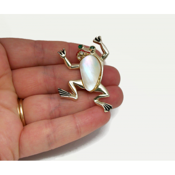 Vintage Mother of Pearl Frog Brooch Lapel Pin Gold with Rhinestone Accents