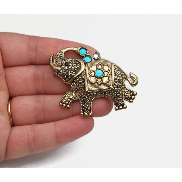 Vintage Genuine Marcasite Elephant Brooch Lapel Pin Gold Signed FAF Jewelry