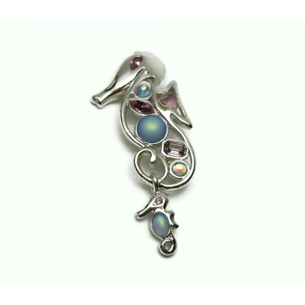 Vintage Monet Seahorse Brooch Pin Silver Blue & Purple Rhinestones Baby Seahorse