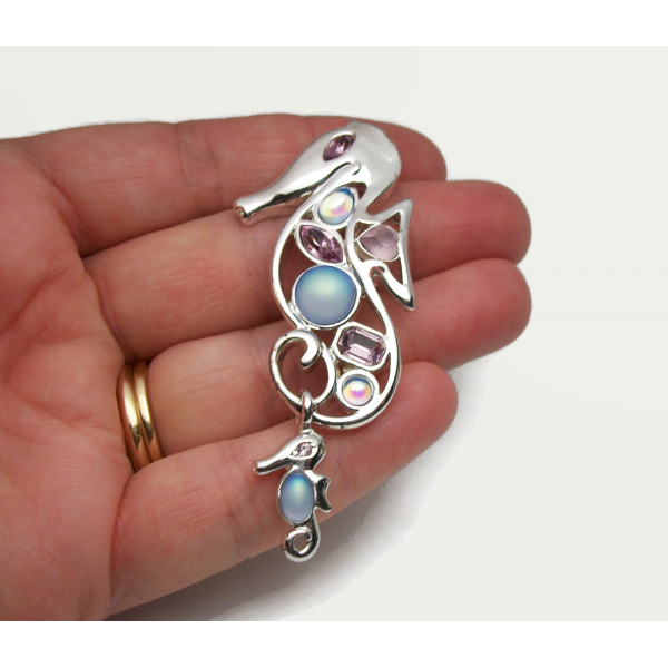Vintage Monet Seahorse Brooch Pin Silver Blue Purple Rhinestones Seahorse Charm