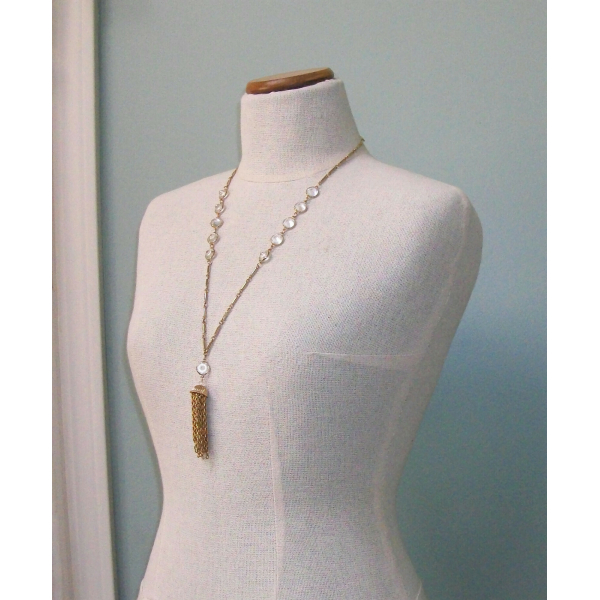 Vintage Long Open Bezel Crystal Tassel Pendant Necklace Gold Bar Chain