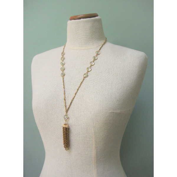 Vintage Long Open Bezel Cone Shaped Crystal Tassel Pendant Necklace Gold Chain